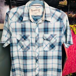 Roebuck And Co Rodeo Pearl Snap Plaid Rockabilly Blue Plaid Size Medium